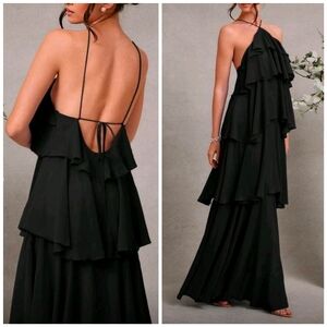 New Tiered Ruffle Halter Maxi Dress Backless Black
